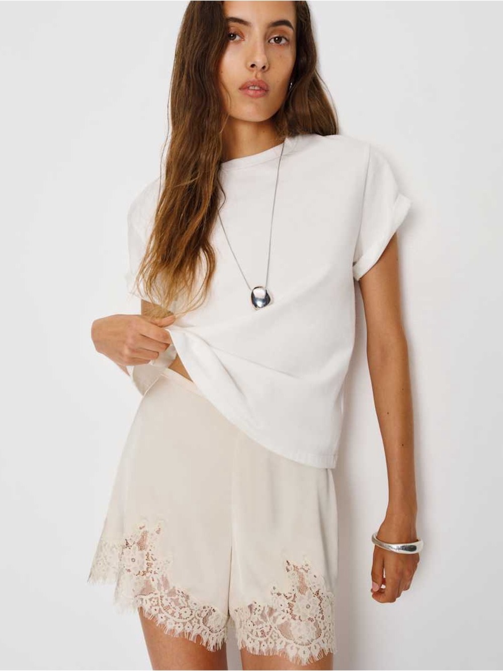 Reformation Cream Lace-Trim High-Waist Shorts